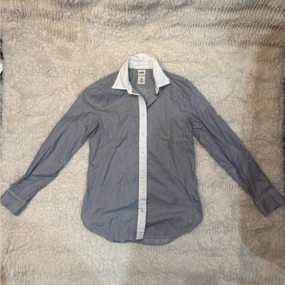 J. Crew Blue Micro-Stripe Button-Up Blouse with White Trim